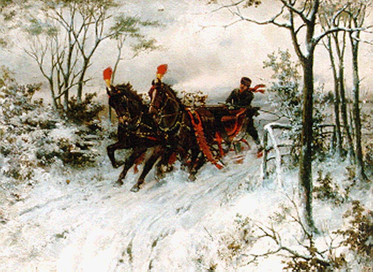 Koekkoek H.W.  | Hermanus Willem Koekkoek, Achter de arrenslee, olieverf op doek 43,5 x 53,5 cm, gesigneerd linksonder