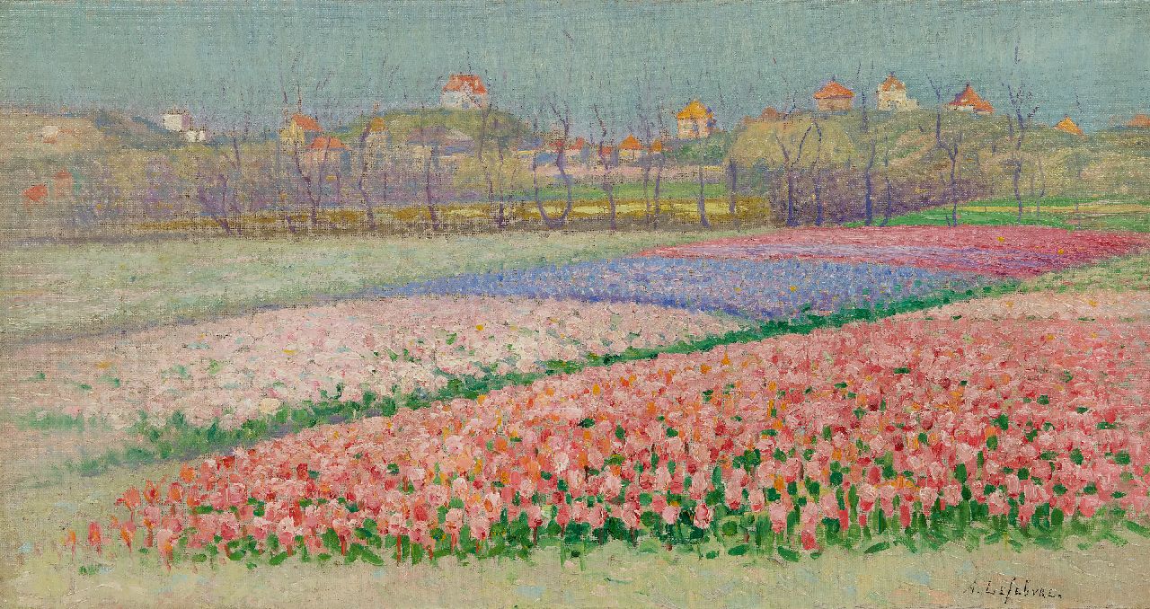 Lefebvre A. | Albrecht 'Albert' Lefebvre, Hyacintenvelden achter de duinen bij Noordwijk, olieverf op doek 32,4 x 60,0 cm, gesigneerd rechtsonder Lefebvre A. | Albrecht 'Albert' Lefebvre, Hyacintenvelden achter de duinen bij Noordwijk, olieverf op doek 32,4 x 60,0 cm, gesigneerd rechtsonder