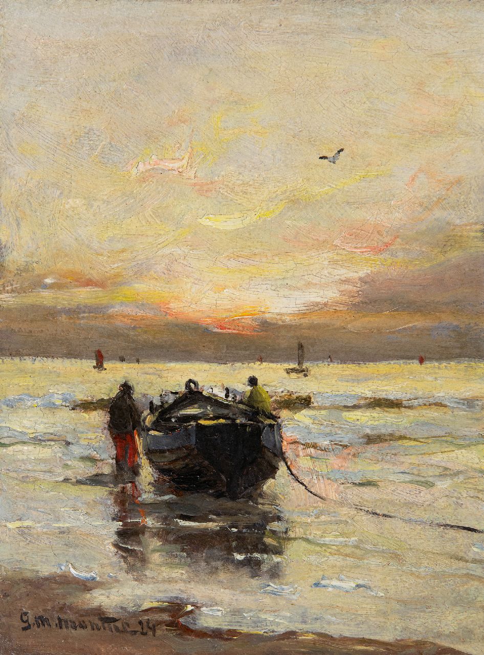 Munthe G.A.L. | Gerhard Arij Ludwig 'Morgenstjerne' Munthe, Avondstemming op het strand, olieverf op schildersboard 20,0 x 14,9 cm, gesigneerd linksonder en gedateerd '24 Munthe G.A.L. | Gerhard Arij Ludwig 'Morgenstjerne' Munthe, Avondstemming op het strand, olieverf op schildersboard 20,0 x 14,9 cm, gesigneerd linksonder en gedateerd '24