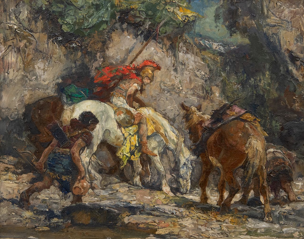 Jurres J.H. | Johannes Hendricus Jurres, Krijgslieden met drinkende paarden, olieverf op doek 22,5 x 27,6 cm, gesigneerd r. v.h m. Jurres J.H. | Johannes Hendricus Jurres, Krijgslieden met drinkende paarden, olieverf op doek 22,5 x 27,6 cm, gesigneerd r. v.h m.