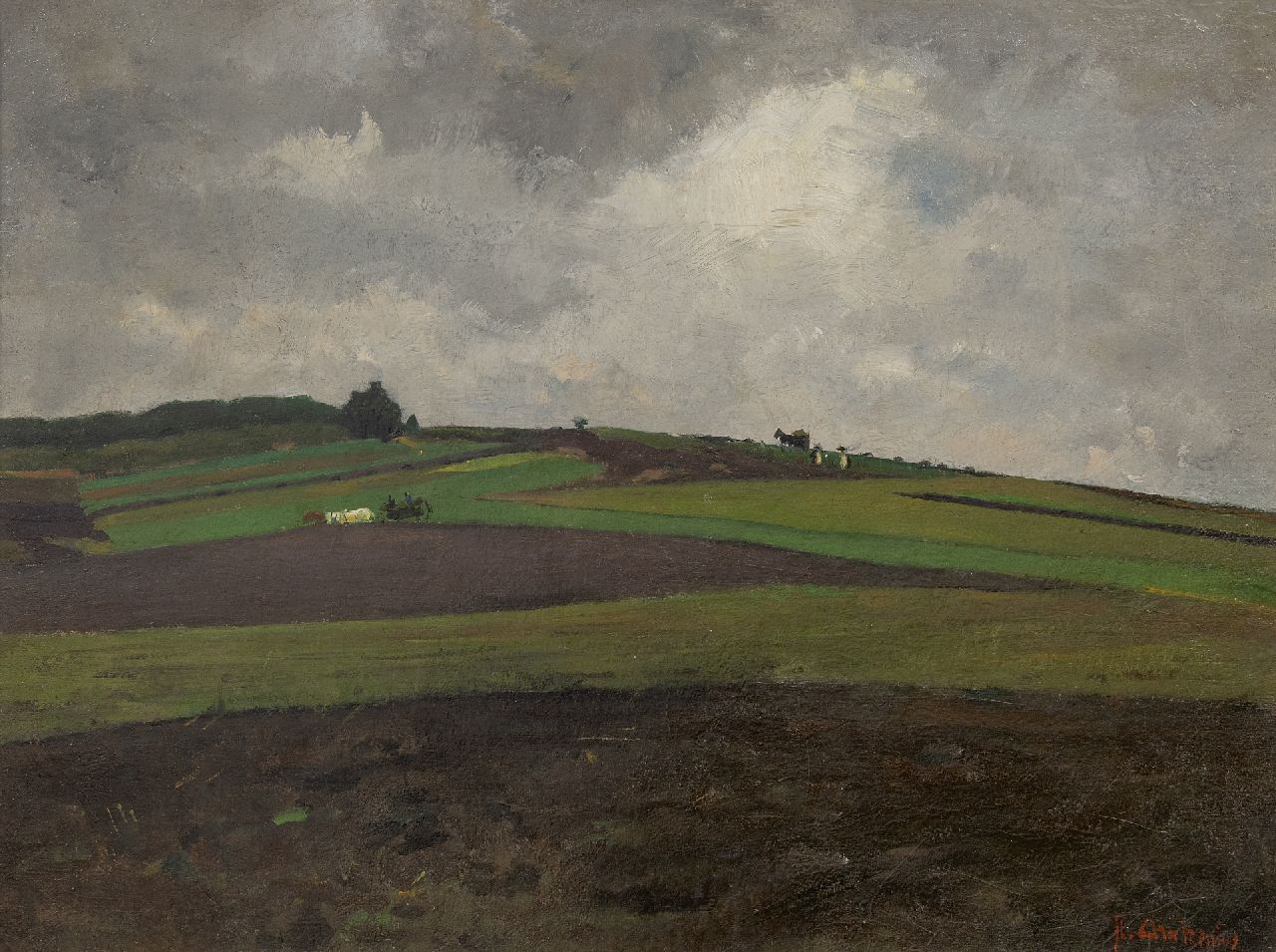Arntzenius P.F.N.J.  | Pieter Florentius Nicolaas Jacobus 'Floris' Arntzenius | Schilderijen te koop aangeboden | Heuvellandschap bij regenachtig weer, olieverf op doek 45,3 x 60,0 cm, gesigneerd rechtsonder