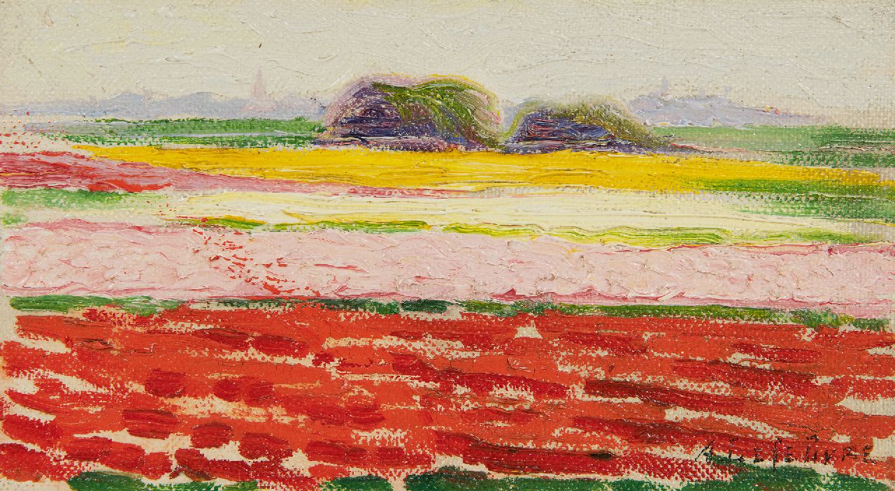Lefebvre A.  | Albrecht 'Albert' Lefebvre, Bloembollenvelden bij Noordwijk, olieverf op doek op board 10,1 x 17,7 cm, gesigneerd rechtsonder en verso gedateerd 1919