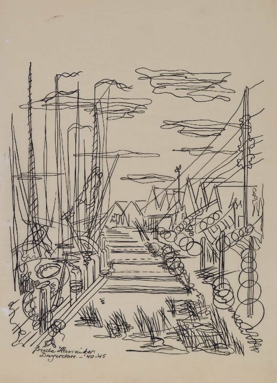 Hunziker F. | Frieda Hunziker, Huizen aan het water, Durgerdam, pen en inkt op vellum 33,2 x 24,0 cm, gesigneerd linksonder en gedateerd '40-'45 Hunziker F. | Frieda Hunziker, Huizen aan het water, Durgerdam, pen en inkt op vellum 33,2 x 24,0 cm, gesigneerd linksonder en gedateerd '40-'45