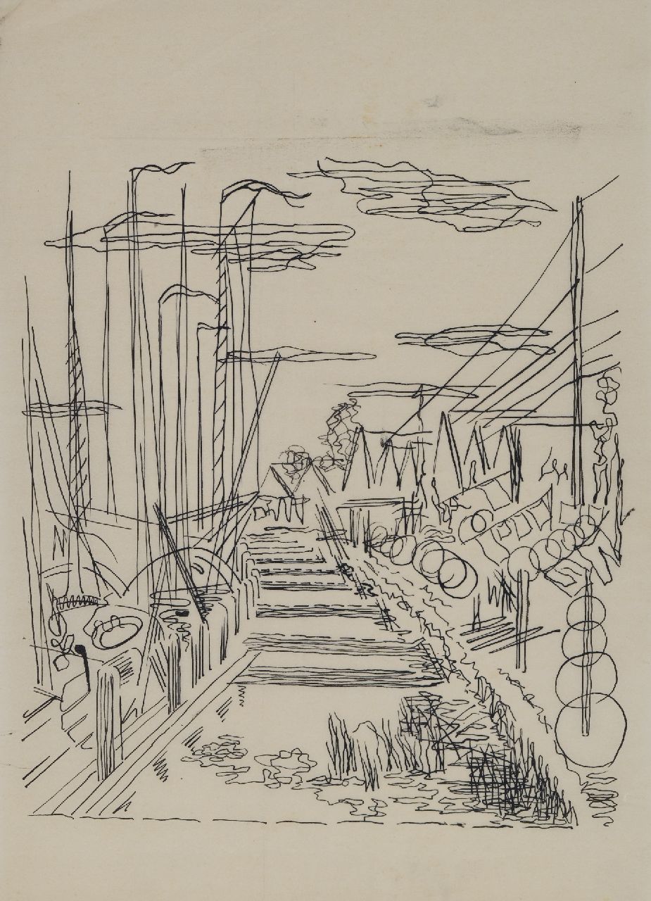 Hunziker F. | Frieda Hunziker, Huizen aan het water, Durgerdam, pen op vellum 33,1 x 24,0 cm, te dateren ca. 1940-1945 Hunziker F. | Frieda Hunziker, Huizen aan het water, Durgerdam, pen op vellum 33,1 x 24,0 cm, te dateren ca. 1940-1945