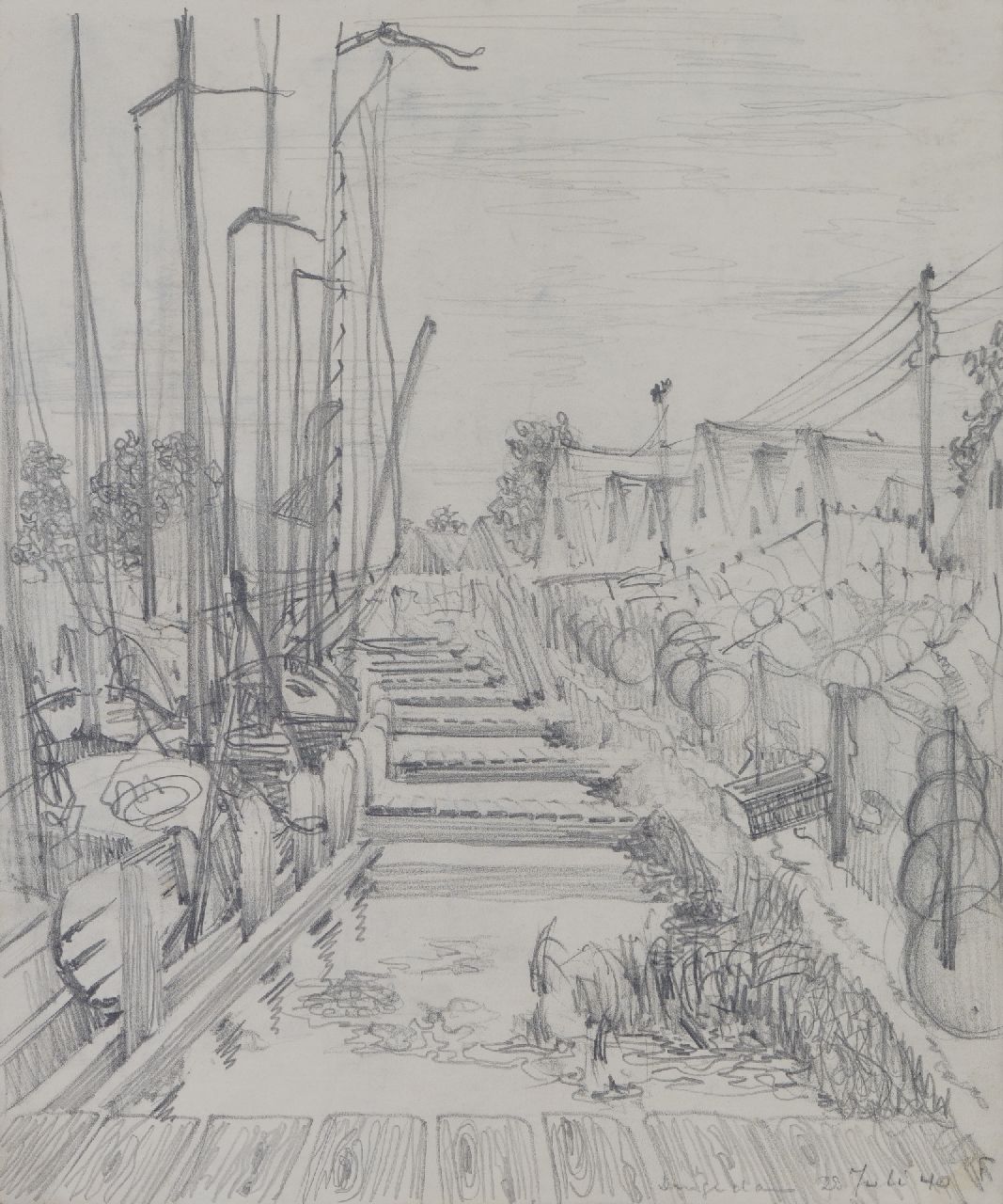 Hunziker F. | Frieda Hunziker, Huizen aan het water, Durgerdam, potlood op papier op karton 40,8 x 32,6 cm, gedateerd 23 Juli 40 Hunziker F. | Frieda Hunziker, Huizen aan het water, Durgerdam, potlood op papier op karton 40,8 x 32,6 cm, gedateerd 23 Juli 40
