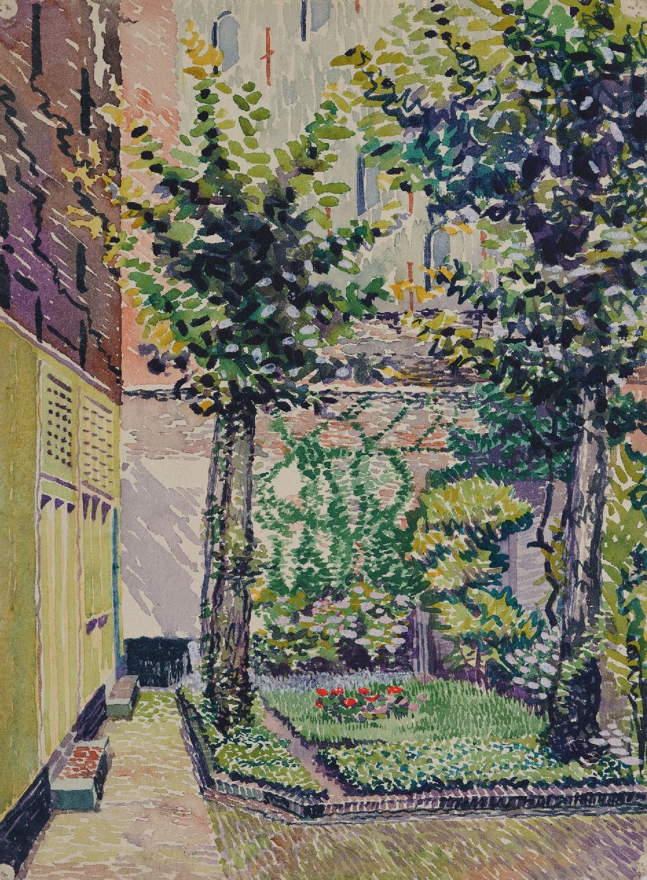Hunziker F.  | Frieda Hunziker, Zonnig tuintje, aquarel op papier 38,5 x 28,3 cm
