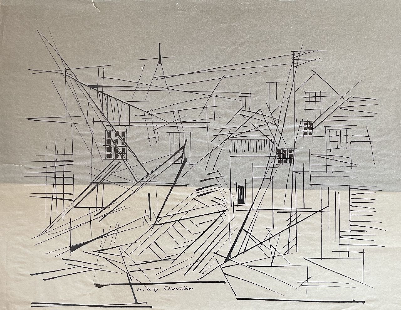 Hunziker F. | Frieda Hunziker, Huizen en schepen, pen en inkt op vellum 30,0 x 38,5 cm, gesigneerd middenonder en gedateerd 11-11-47 Hunziker F. | Frieda Hunziker, Huizen en schepen, pen en inkt op vellum 30,0 x 38,5 cm, gesigneerd middenonder en gedateerd 11-11-47