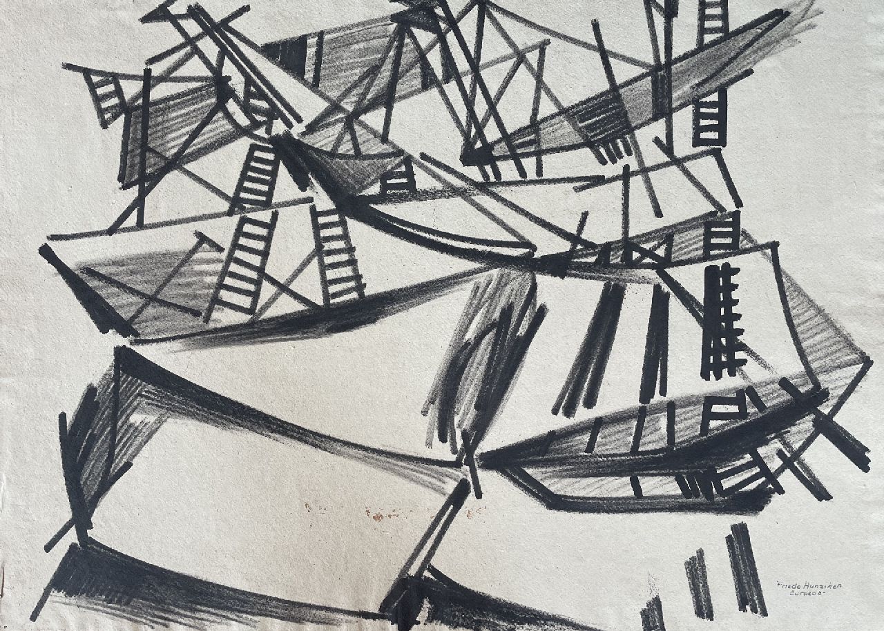 Hunziker F. | Frieda Hunziker, Curaçao; verso: Compositie, potlood, inkt en zwart krijt op papier 57,5 x 79,2 cm, gesigneerd rechtsonder en te dateren ca. 1952 Hunziker F. | Frieda Hunziker, Curaçao; verso: Compositie, potlood, inkt en zwart krijt op papier 57,5 x 79,2 cm, gesigneerd rechtsonder en te dateren ca. 1952