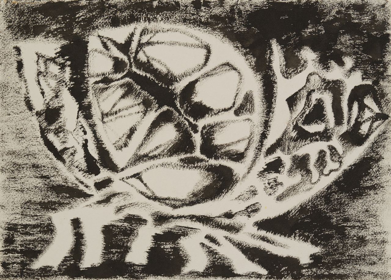 Hunziker F. | Frieda Hunziker | Aquarellen en tekeningen te koop aangeboden | Organische compositie, inkt op papier 39,1 x 56,4 cm, gesigneerd verso en gedateerd '53 Hunziker F. | Frieda Hunziker | Aquarellen en tekeningen te koop aangeboden | Organische compositie, inkt op papier 39,1 x 56,4 cm, gesigneerd verso en gedateerd '53