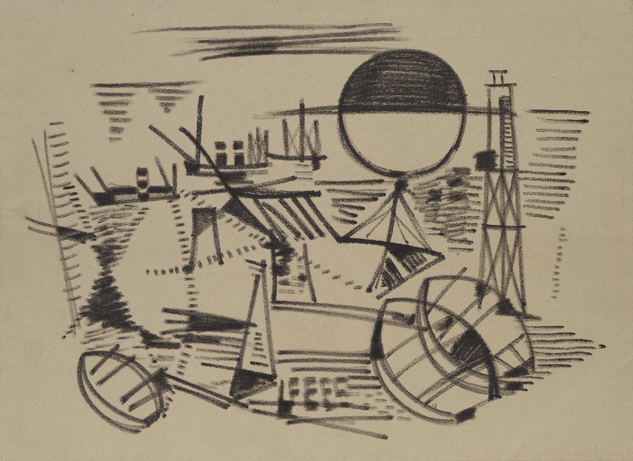 Hunziker F. | Frieda Hunziker, Abstracte compositie, zwart krijt op papier 57,9 x 79,3 cm Hunziker F. | Frieda Hunziker, Abstracte compositie, zwart krijt op papier 57,9 x 79,3 cm
