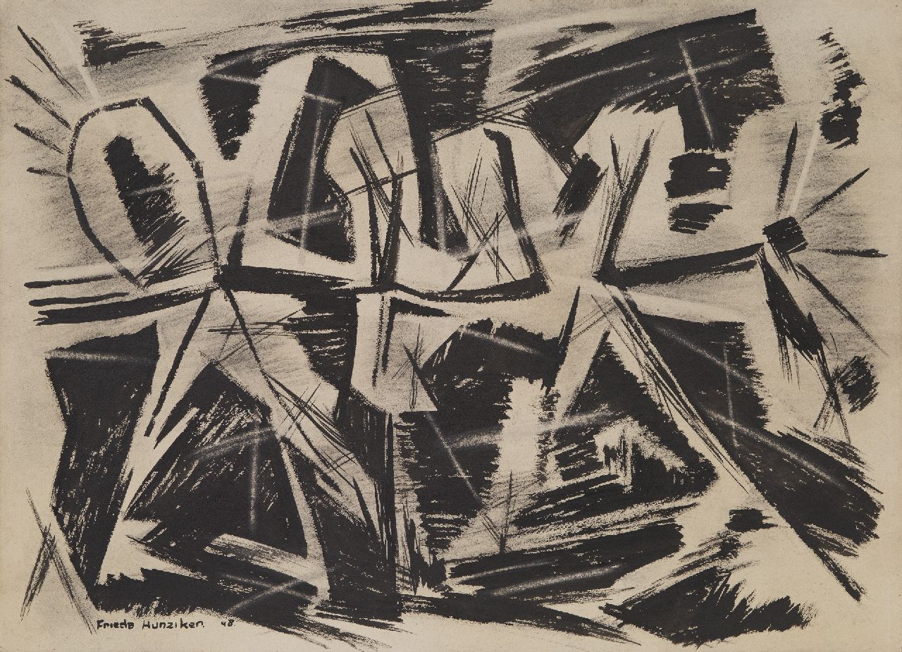 Hunziker F.  | Frieda Hunziker, Compositie, inkt en krijt op papier 57,2 x 78,5 cm, gesigneerd linksonder en gedateerd 48