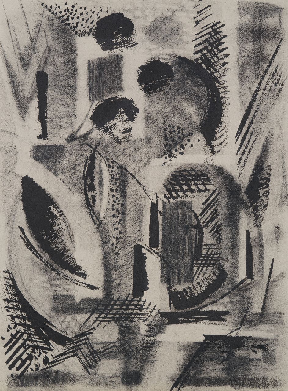 Hunziker F.  | Frieda Hunziker, Compositie, inkt en krijt op papier 73,4 x 53,9 cm