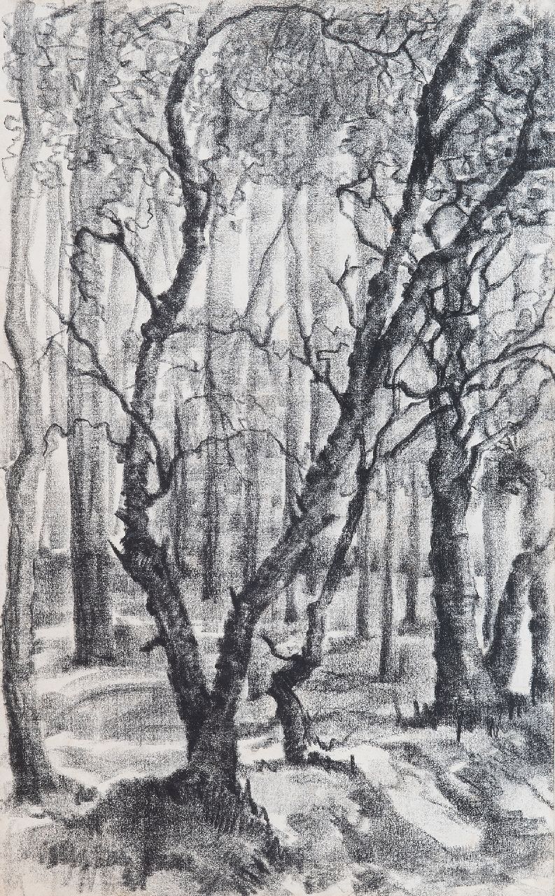 Hunziker F. | Frieda Hunziker, Boslandschap, zwart krijt op papier 43,0 x 27,0 cm Hunziker F. | Frieda Hunziker, Boslandschap, zwart krijt op papier 43,0 x 27,0 cm