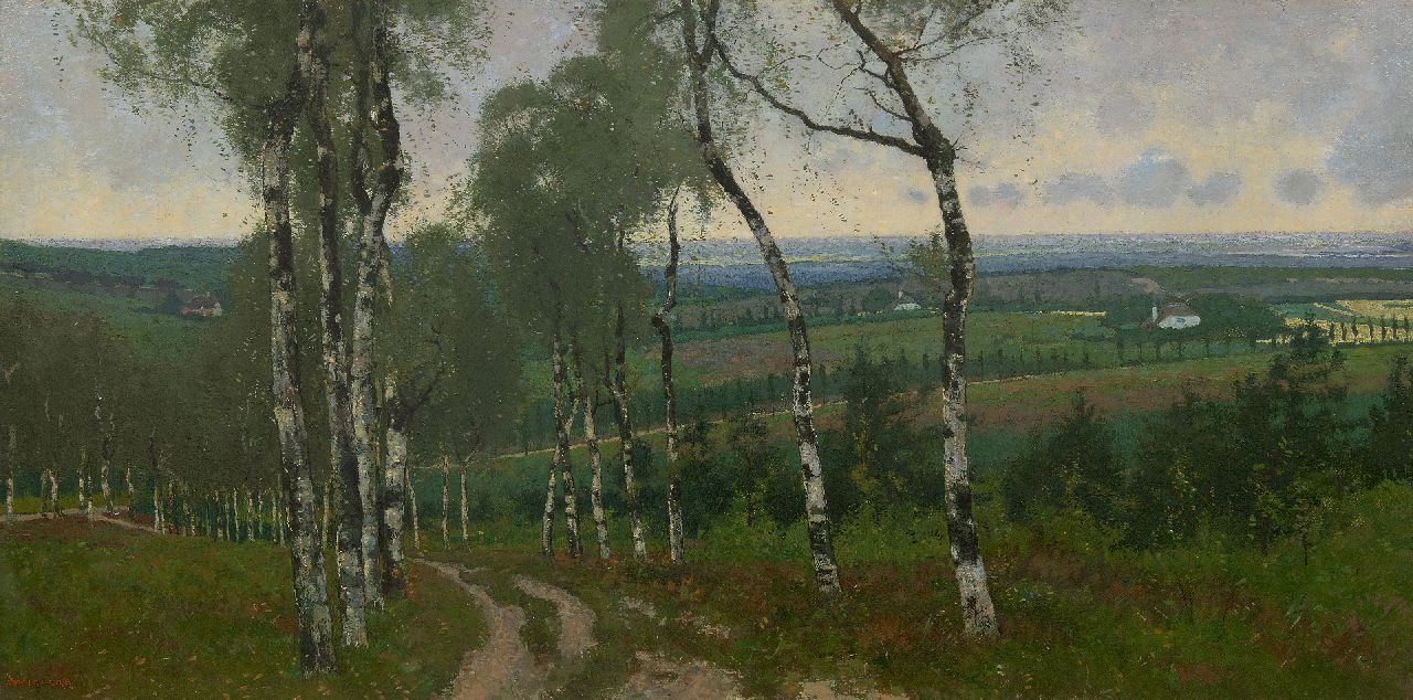 Wiggers D. | Dirk 'Derk' Wiggers, Berkenweg, olieverf op doek 40,8 x 80,7 cm, gesigneerd linksonder en op spieraam en verso gedateerd 1903 Wiggers D. | Dirk 'Derk' Wiggers, Berkenweg, olieverf op doek 40,8 x 80,7 cm, gesigneerd linksonder en op spieraam en verso gedateerd 1903