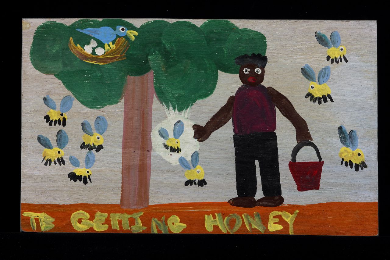 Brown T.  | Timothy 'Tim' Brown, Getting honey, acryl op paneel 24,0 x 40,0 cm, gesigneerd linksonder met initialen