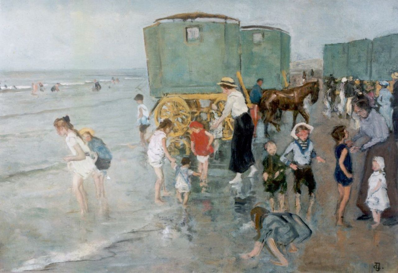 Jonge J.A. de | Johan Antoni de Jonge, Strandvermaak in Scheveningen, olieverf op doek 50,0 x 70,0 cm, gesigneerd rechtsonder monogram Jonge J.A. de | Johan Antoni de Jonge, Strandvermaak in Scheveningen, olieverf op doek 50,0 x 70,0 cm, gesigneerd rechtsonder monogram