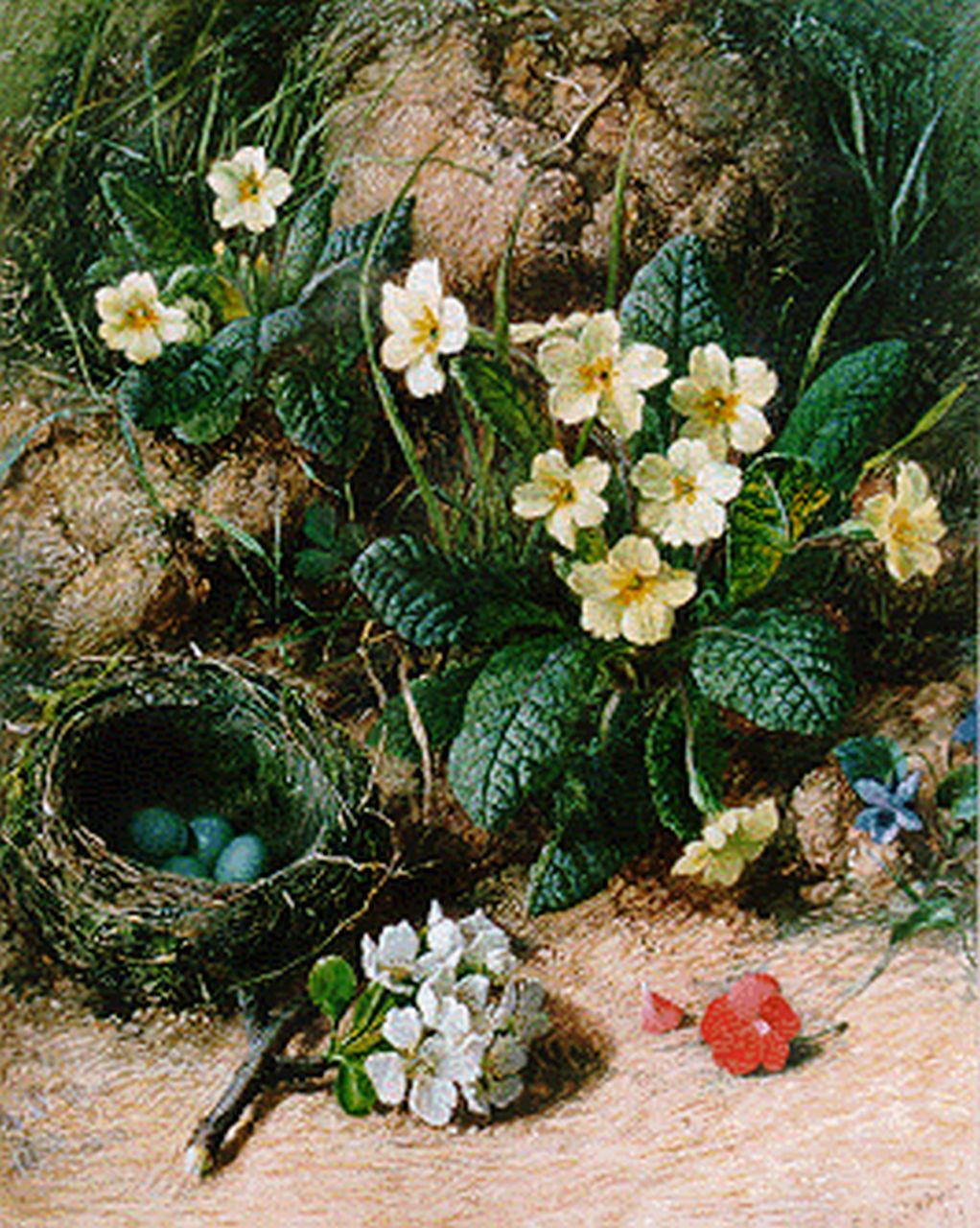 Slater C.H. | Charles Henry Slater, Gele primula's, vogelnestje en bloesemtakje op de bosgrond, aquarel en gouache op papier 34,0 x 27,5 cm, gesigneerd rechtsonder en gedateerd '63 Slater C.H. | Charles Henry Slater, Gele primula's, vogelnestje en bloesemtakje op de bosgrond, aquarel en gouache op papier 34,0 x 27,5 cm, gesigneerd rechtsonder en gedateerd '63