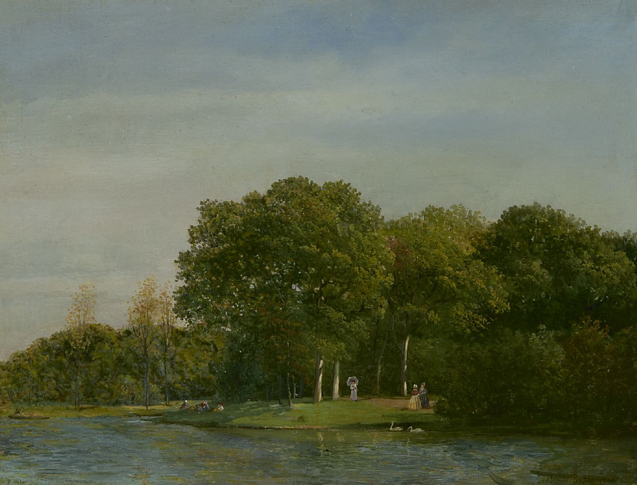 Sande Bakhuyzen J.J. van de | Julius Jacobus van de Sande Bakhuyzen | Schilderijen te koop aangeboden | Parklandschap met elegant gezelschap, olieverf op papier op paneel 26,7 x 35,0 cm, gesigneerd rechtsonder Sande Bakhuyzen J.J. van de | Julius Jacobus van de Sande Bakhuyzen | Schilderijen te koop aangeboden | Parklandschap met elegant gezelschap, olieverf op papier op paneel 26,7 x 35,0 cm, gesigneerd rechtsonder