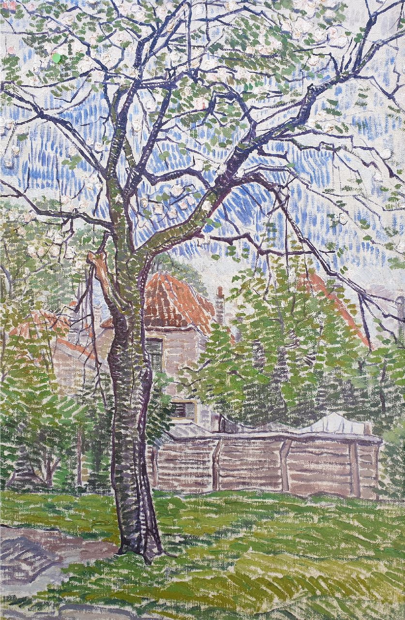 Pijpers E.E. | 'Edith' Elizabeth Pijpers | Schilderijen te koop aangeboden | Tuin met appelboom in bloei, olieverf op doek 54,7 x 36,8 cm Pijpers E.E. | 'Edith' Elizabeth Pijpers | Schilderijen te koop aangeboden | Tuin met appelboom in bloei, olieverf op doek 54,7 x 36,8 cm