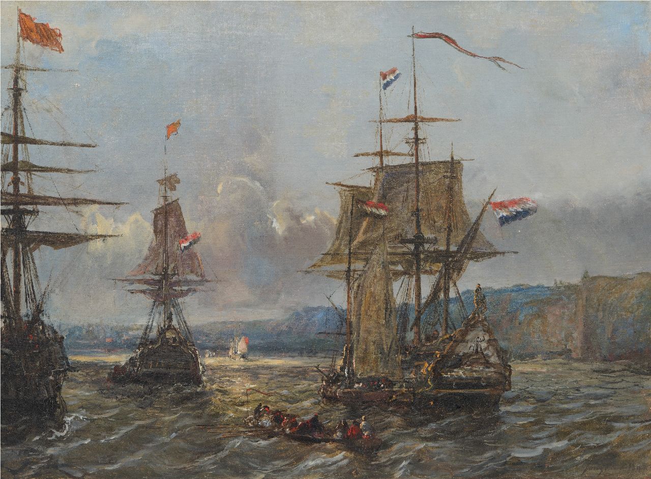 Jongkind J.B. | Johan Barthold Jongkind | Schilderijen te koop aangeboden | Hollandse schepen voor de Engelse kust, olieverf op doek 58,1 x 80,2 cm, gesigneerd rechtsonder en gedateerd 1864 Jongkind J.B. | Johan Barthold Jongkind | Schilderijen te koop aangeboden | Hollandse schepen voor de Engelse kust, olieverf op doek 58,1 x 80,2 cm, gesigneerd rechtsonder en gedateerd 1864