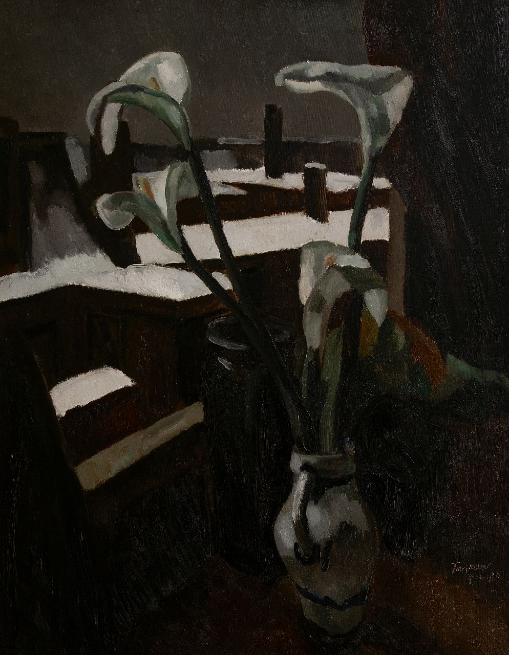 Kelder A.B. | Antonius Bernardus 'Toon' Kelder | Schilderijen te koop aangeboden | Aronskelken in een vaas, olieverf op doek 98,2 x 80,1 cm, gesigneerd rechtsonder en gedateerd feb 1926 Kelder A.B. | Antonius Bernardus 'Toon' Kelder | Schilderijen te koop aangeboden | Aronskelken in een vaas, olieverf op doek 98,2 x 80,1 cm, gesigneerd rechtsonder en gedateerd feb 1926