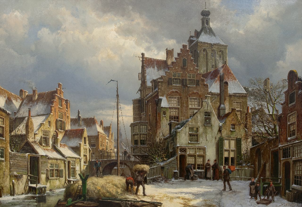 Koekkoek W. | Willem Koekkoek, Winters stadsgezicht Culemborg, olieverf op doek 86,5 x 125,3 cm, gesigneerd rechtsonder en te dateren ca.1885 Koekkoek W. | Willem Koekkoek, Winters stadsgezicht Culemborg, olieverf op doek 86,5 x 125,3 cm, gesigneerd rechtsonder en te dateren ca.1885