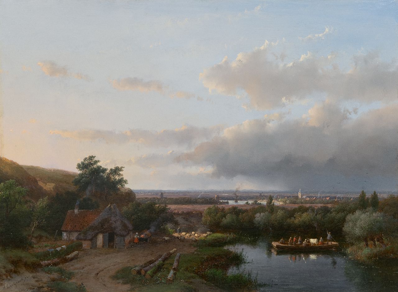 Schelfhout A. | Andreas Schelfhout, Panoramisch zomerlandschap met overzetveer, olieverf op paneel 37,3 x 50,6 cm, gesigneerd linksonder en gedateerd '57 Schelfhout A. | Andreas Schelfhout, Panoramisch zomerlandschap met overzetveer, olieverf op paneel 37,3 x 50,6 cm, gesigneerd linksonder en gedateerd '57