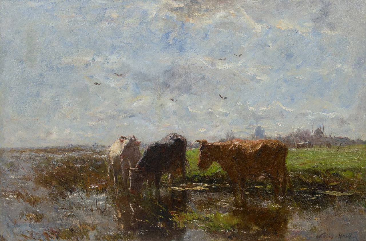 Maris W. | Willem Maris, Drinkende koeien in een polderlandschap, olieverf op doek 58,2 x 85,2 cm, gesigneerd rechtsonder Maris W. | Willem Maris, Drinkende koeien in een polderlandschap, olieverf op doek 58,2 x 85,2 cm, gesigneerd rechtsonder