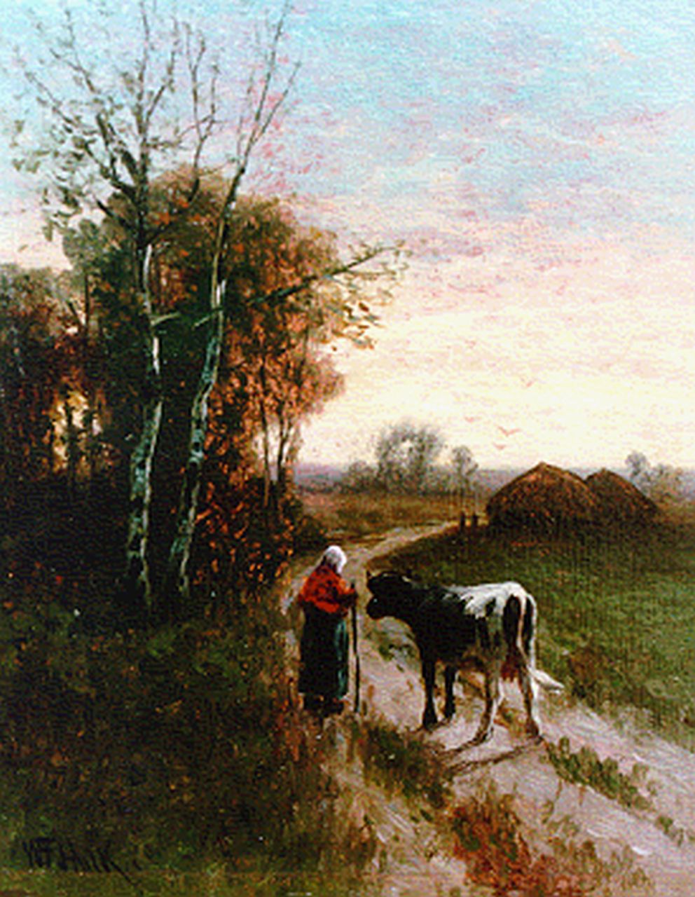 Hulk W.F. | Willem Frederik Hulk, Boerenvrouw met vee op een landweg, olieverf op paneel 12,8 x 10,3 cm, gesigneerd linksonder Hulk W.F. | Willem Frederik Hulk, Boerenvrouw met vee op een landweg, olieverf op paneel 12,8 x 10,3 cm, gesigneerd linksonder