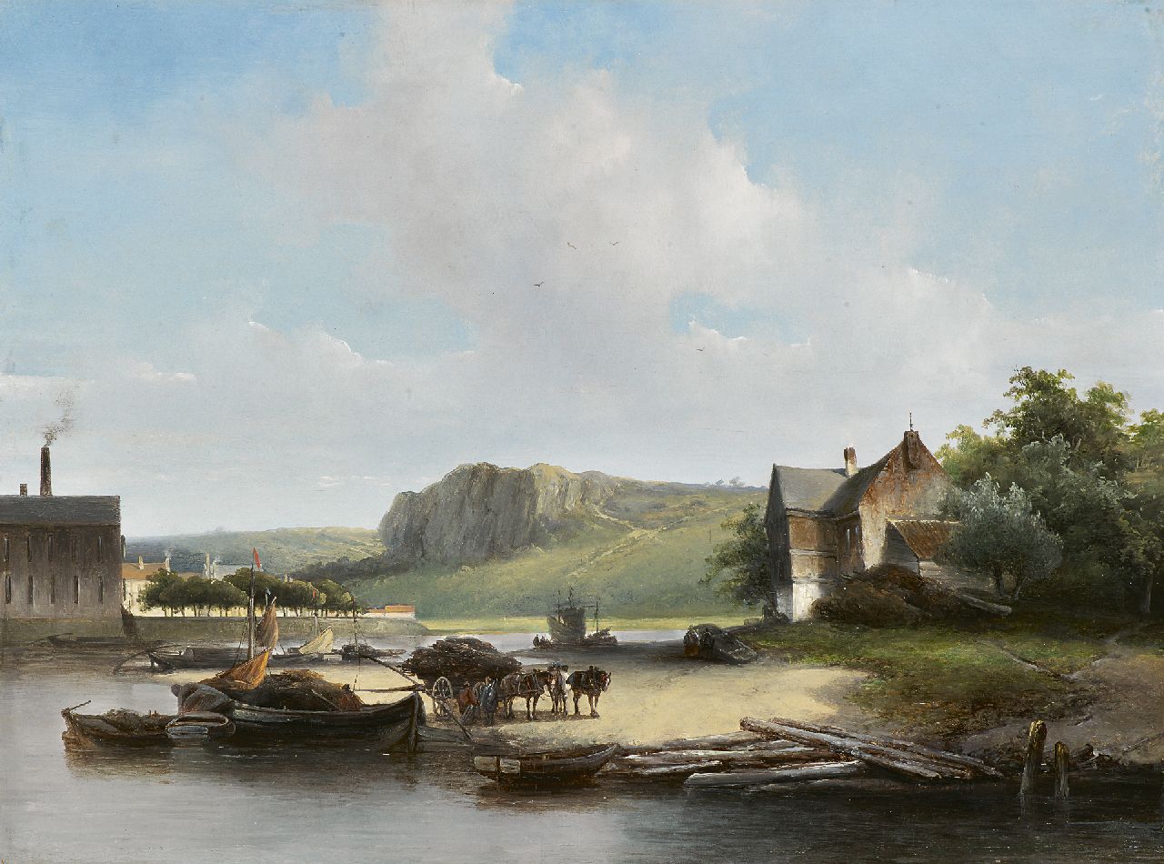 Hoppenbrouwers J.F. | Johannes Franciscus Hoppenbrouwers | Schilderijen te koop aangeboden | Maaslandschap met vrachtboten en paardenkar, olieverf op paneel 39,5 x 53,7 cm, gesigneerd rechtsonder en gedateerd '40 Hoppenbrouwers J.F. | Johannes Franciscus Hoppenbrouwers | Schilderijen te koop aangeboden | Maaslandschap met vrachtboten en paardenkar, olieverf op paneel 39,5 x 53,7 cm, gesigneerd rechtsonder en gedateerd '40