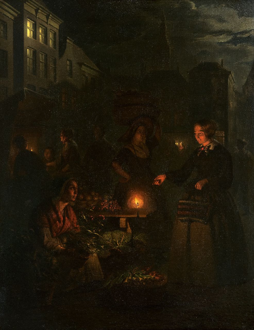 Schendel P. van | Petrus van Schendel | Schilderijen te koop aangeboden | Marktscène bij maanlicht op de Grote Markt te Den Haag, olieverf op doek 66,5 x 51,2 cm, te dateren 1855-1860 Schendel P. van | Petrus van Schendel | Schilderijen te koop aangeboden | Marktscène bij maanlicht op de Grote Markt te Den Haag, olieverf op doek 66,5 x 51,2 cm, te dateren 1855-1860