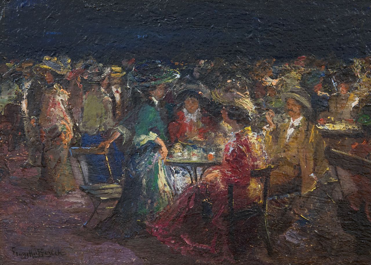 Helfferich F.W. | Franciscus Willem 'Frans' Helfferich | Schilderijen te koop aangeboden | Parkterras bij avond, olieverf op papier op paneel 20,8 x 29,0 cm, gesigneerd linksonder Helfferich F.W. | Franciscus Willem 'Frans' Helfferich | Schilderijen te koop aangeboden | Parkterras bij avond, olieverf op papier op paneel 20,8 x 29,0 cm, gesigneerd linksonder