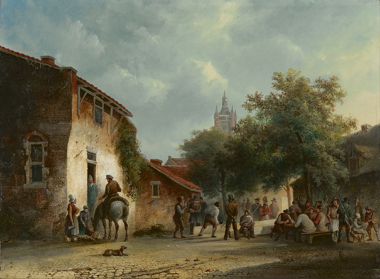 Warner Gijselman | Kegelen op het dorpsplein, olieverf op paneel, 34,1 x 46,7 cm, gesigneerd r.o. en zonder lijst Warner Gijselman | Kegelen op het dorpsplein, olieverf op paneel, 34,1 x 46,7 cm, gesigneerd r.o. en zonder lijst