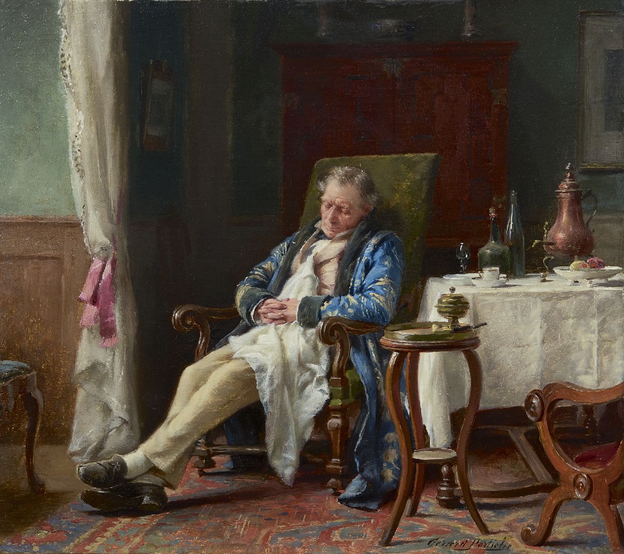 Portielje G.J.  | 'Gerard' Joseph Portielje, Een dutje na de maaltijd, olieverf op paneel 24,1 x 27,3 cm, gesigneerd rechtsonder
