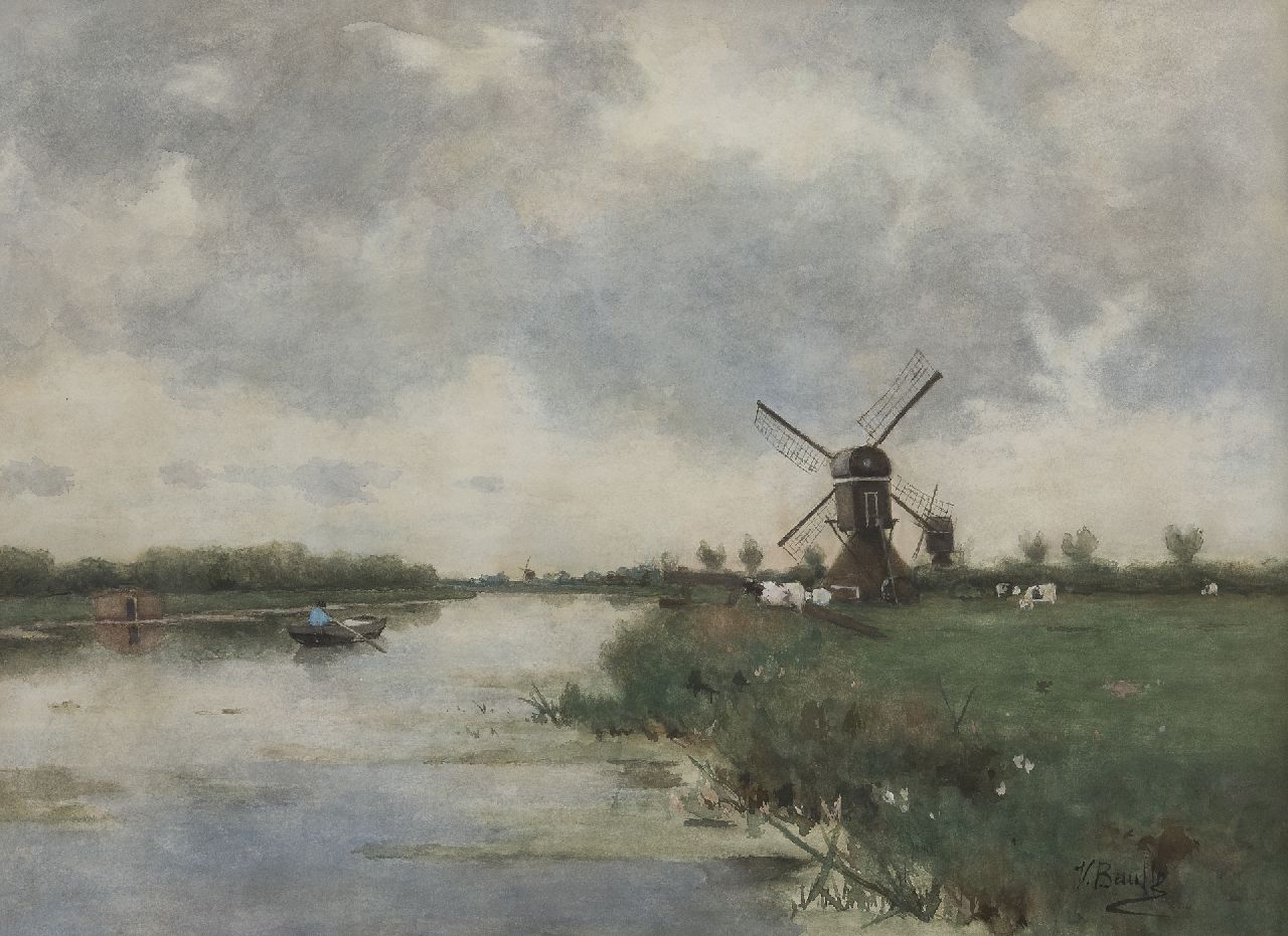 Bauffe V. | Victor Bauffe | Aquarellen en tekeningen te koop aangeboden | Molen langs een poldervaart, aquarel en gouache op papier 46,6 x 65,2 cm, gesigneerd rechtsonder Bauffe V. | Victor Bauffe | Aquarellen en tekeningen te koop aangeboden | Molen langs een poldervaart, aquarel en gouache op papier 46,6 x 65,2 cm, gesigneerd rechtsonder