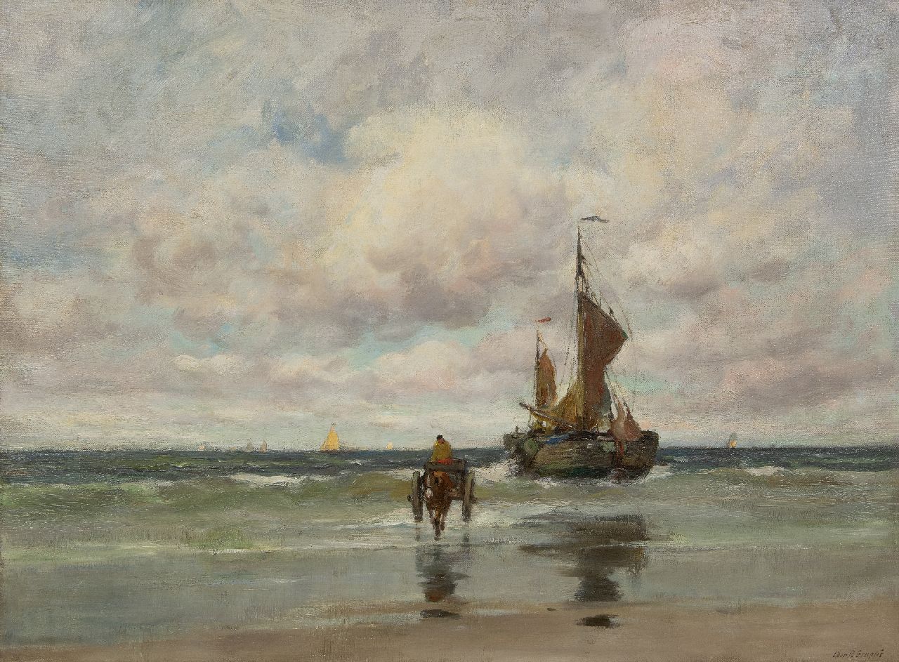 Gruppe C.P.  | Charles Paul Gruppe | Schilderijen te koop aangeboden | Bomschuit en schelpenvisser in de branding, olieverf op doek 76,3 x 101,8 cm, gesigneerd rechtsonder