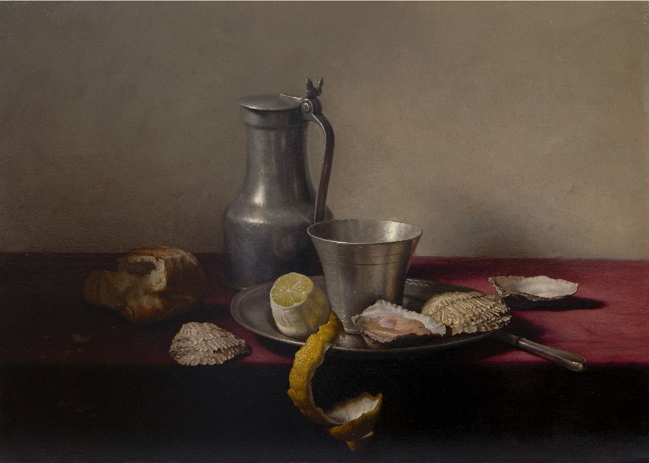 Eversen J.H. | Johannes Hendrik 'Jan' Eversen | Schilderijen te koop aangeboden | Stilleven met tinnen vaatwerk, citroen en oesters, olieverf op doek 51,0 x 70,8 cm, gesigneerd rechtsonder en gedateerd 1957 Eversen J.H. | Johannes Hendrik 'Jan' Eversen | Schilderijen te koop aangeboden | Stilleven met tinnen vaatwerk, citroen en oesters, olieverf op doek 51,0 x 70,8 cm, gesigneerd rechtsonder en gedateerd 1957