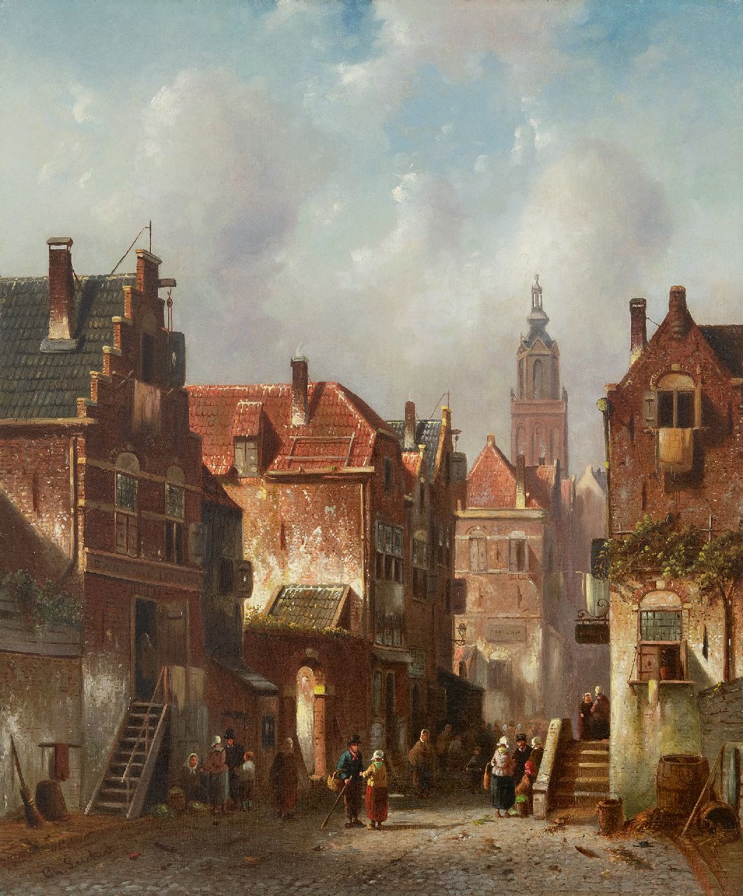 Leickert C.H.J.  | 'Charles' Henri Joseph Leickert, Marktdag in Hollandse stad met links de Bank van Lening, olieverf op doek 59,5 x 49,6 cm, gesigneerd linksonder