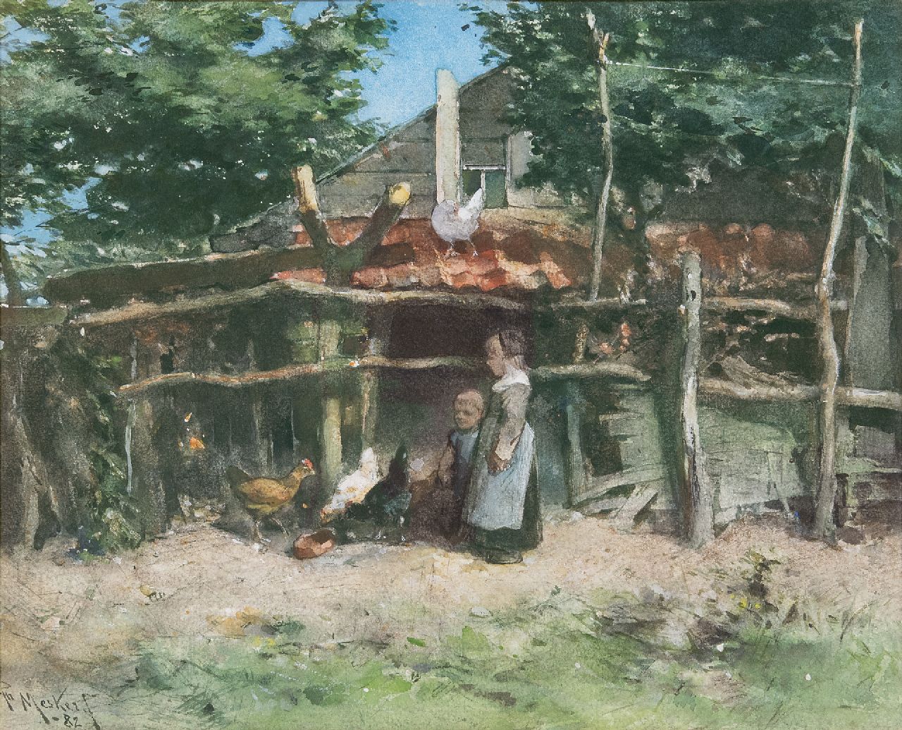 Mesker T.L. | Theodorus Ludovicus 'Theo' Mesker | Aquarellen en tekeningen te koop aangeboden | Bij het kippenhok, aquarel op papier 32,5 x 39,5 cm, gesigneerd linksonder en gedateerd '82 Mesker T.L. | Theodorus Ludovicus 'Theo' Mesker | Aquarellen en tekeningen te koop aangeboden | Bij het kippenhok, aquarel op papier 32,5 x 39,5 cm, gesigneerd linksonder en gedateerd '82