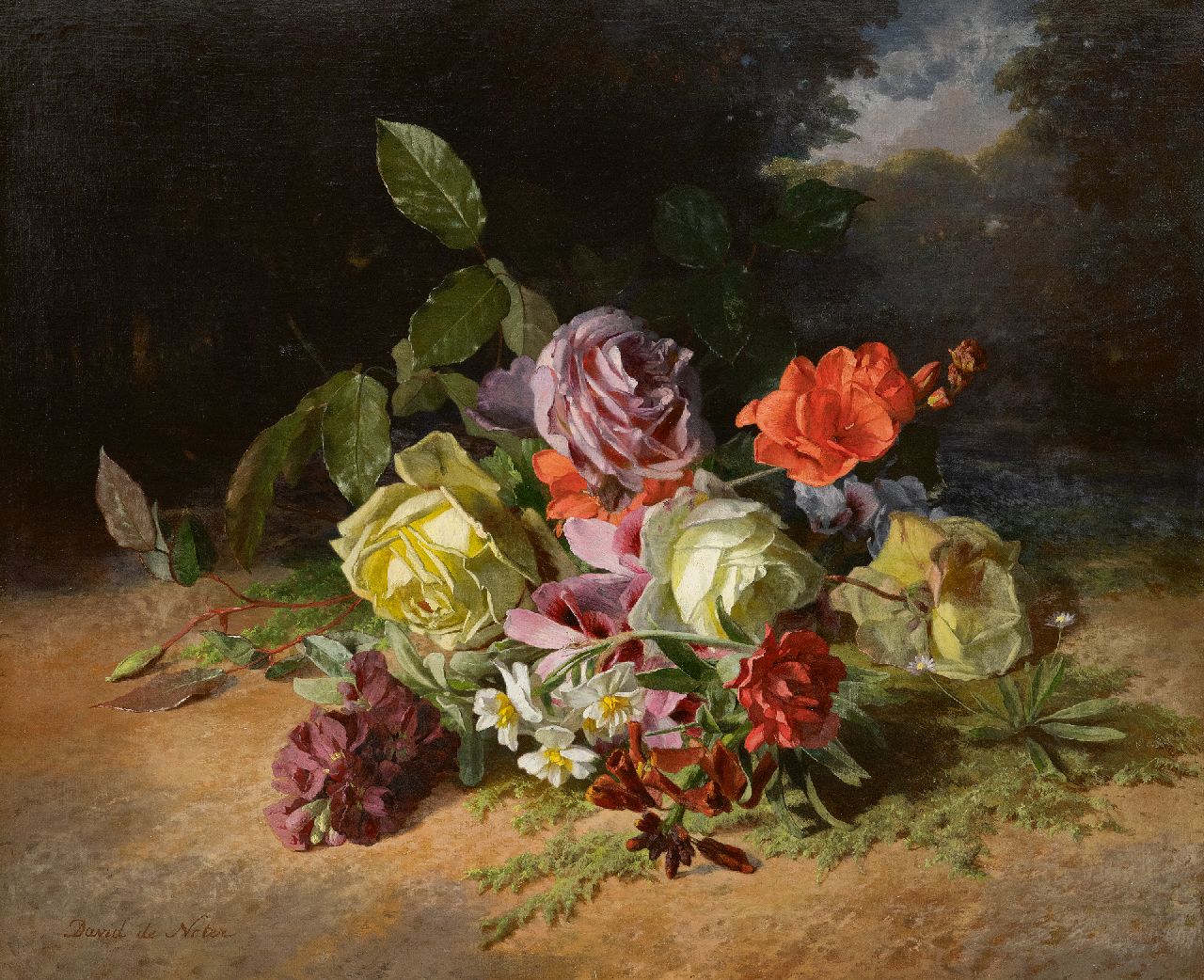 Noter D.E.J. de | 'David' Emile Joseph de Noter | Schilderijen te koop aangeboden | Rozenboeket en zomerbloemen op de bosgrond, olieverf op doek 46,3 x 55,1 cm, gesigneerd linksonder en op het spieraam Noter D.E.J. de | 'David' Emile Joseph de Noter | Schilderijen te koop aangeboden | Rozenboeket en zomerbloemen op de bosgrond, olieverf op doek 46,3 x 55,1 cm, gesigneerd linksonder en op het spieraam