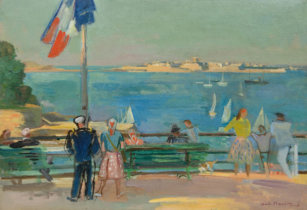 Planson A. | André Planson | Schilderijen te koop aangeboden | Op de boulevard, olieverf op doek 49,6 x 72,5 cm, gesigneerd rechtsonder en gedateerd '46 Planson A. | André Planson | Schilderijen te koop aangeboden | Op de boulevard, olieverf op doek 49,6 x 72,5 cm, gesigneerd rechtsonder en gedateerd '46