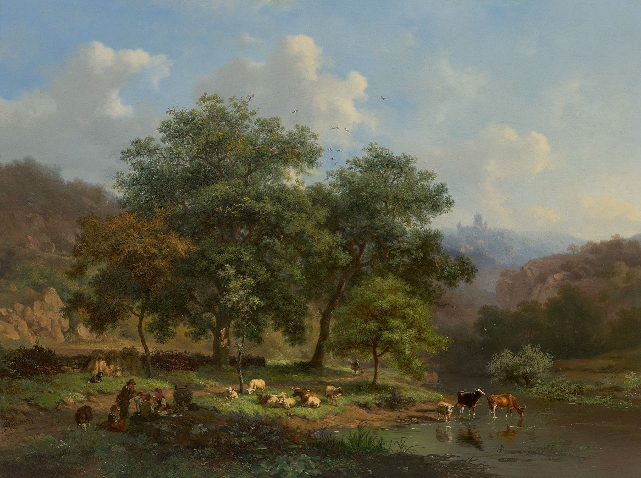 Kruseman F.M. | Frederik Marinus Kruseman | Schilderijen te koop aangeboden | Zomerlandschap met rustend landvolk en vee bij een rivier, olieverf op paneel 48,1 x 64,4 cm, gesigneerd linksonder Kruseman F.M. | Frederik Marinus Kruseman | Schilderijen te koop aangeboden | Zomerlandschap met rustend landvolk en vee bij een rivier, olieverf op paneel 48,1 x 64,4 cm, gesigneerd linksonder