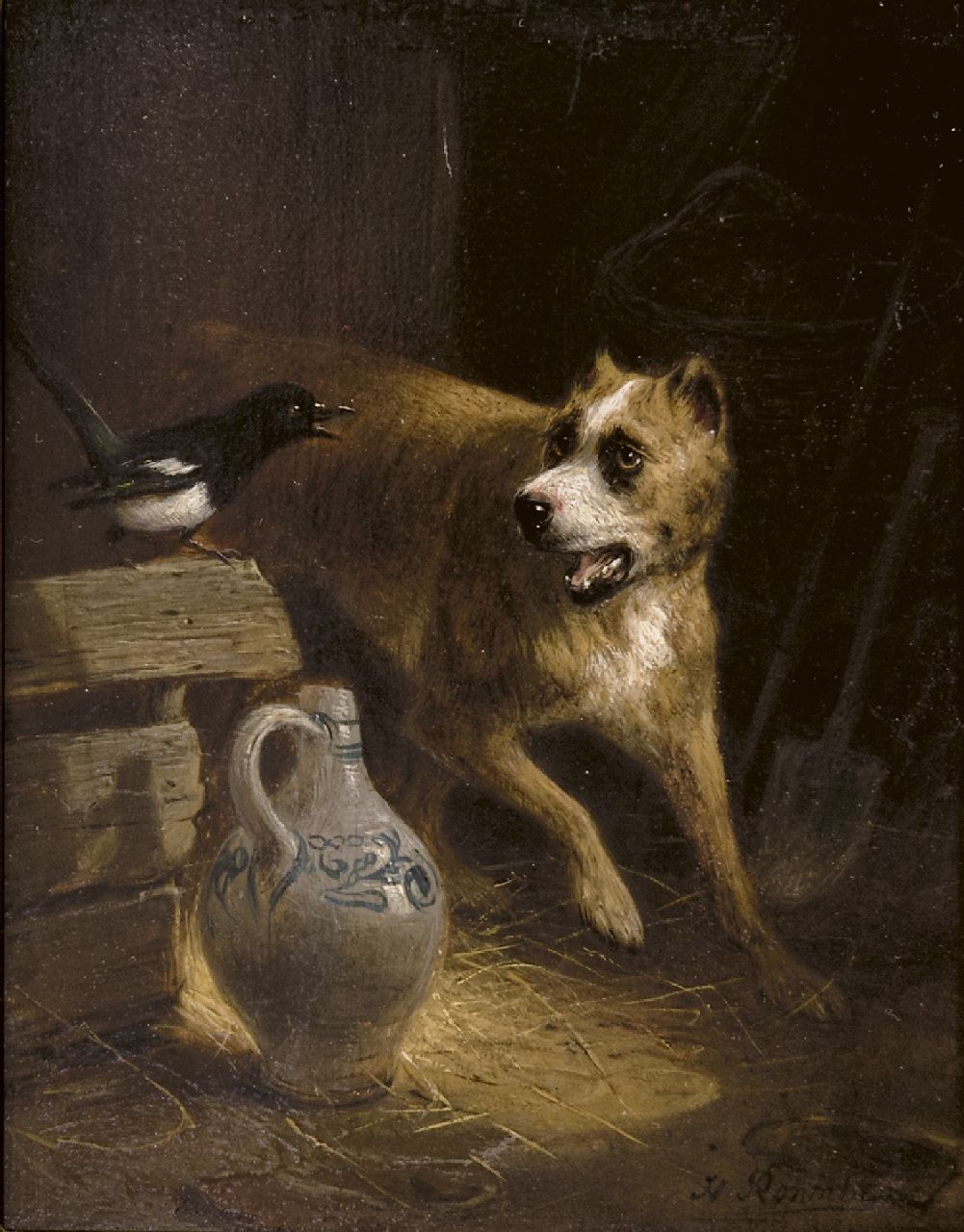 Ronner-Knip H. | Henriette Ronner-Knip, Een brutale gast, olieverf op paneel 19,2 x 15,7 cm, gesigneerd rechtsonder Ronner-Knip H. | Henriette Ronner-Knip, Een brutale gast, olieverf op paneel 19,2 x 15,7 cm, gesigneerd rechtsonder