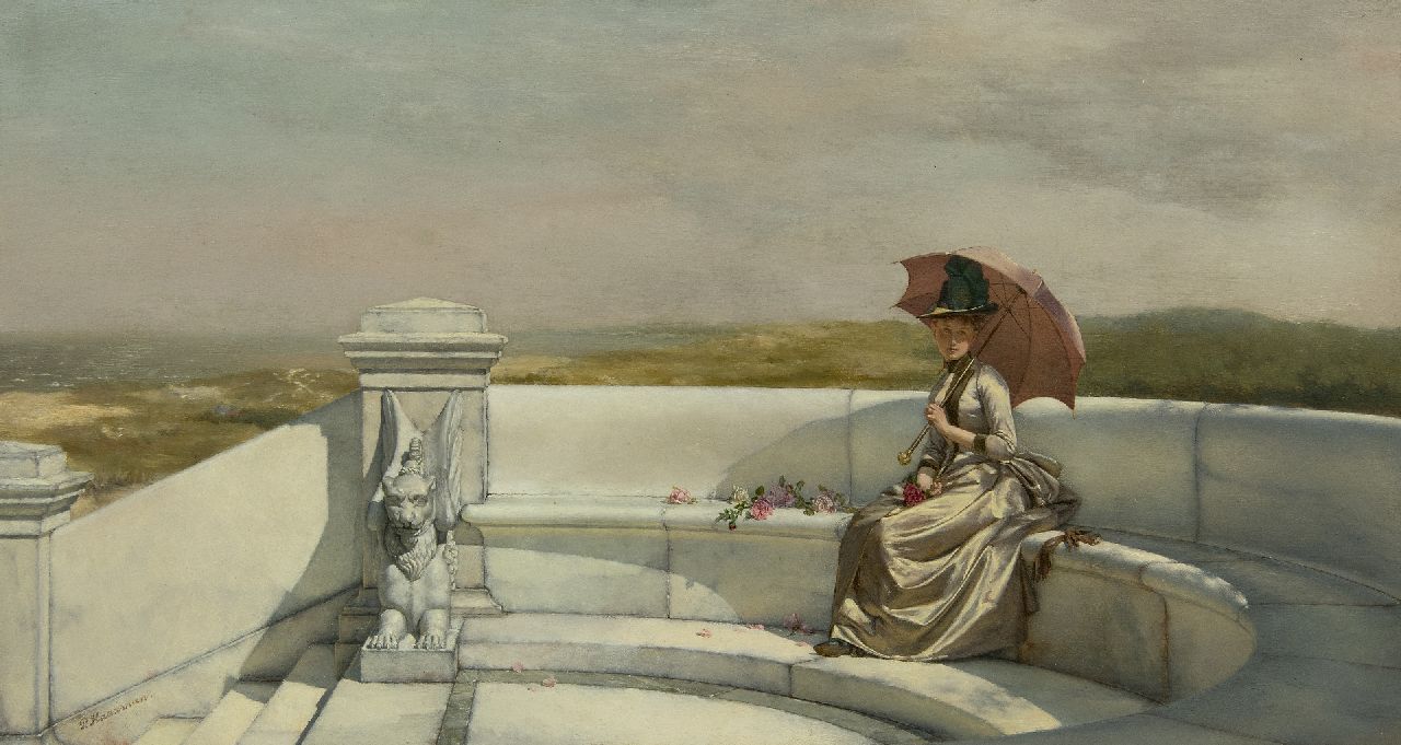 Pieter Haaxman | Jonge vrouw op marmeren tuinbank in Hollands duinlandschap, olieverf op paneel, 23,5 x 43,1 cm, gesigneerd l.o. Pieter Haaxman | Jonge vrouw op marmeren tuinbank in Hollands duinlandschap, olieverf op paneel, 23,5 x 43,1 cm, gesigneerd l.o.