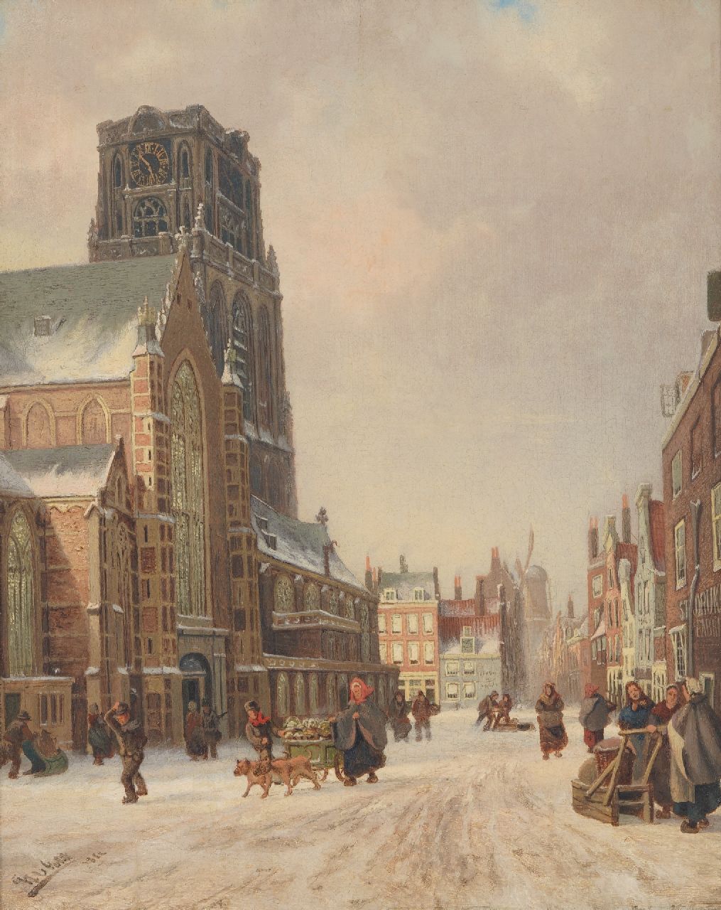 Gulik F.L. van | Franciscus Lodewijk van Gulik | Schilderijen te koop aangeboden | Winters gezicht in Rotterdam met de Sint-Laurenskerk en de molen De Noord, olieverf op paneel 40,5 x 32,4 cm, gesigneerd linksonder en gedateerd 1882 Gulik F.L. van | Franciscus Lodewijk van Gulik | Schilderijen te koop aangeboden | Winters gezicht in Rotterdam met de Sint-Laurenskerk en de molen De Noord, olieverf op paneel 40,5 x 32,4 cm, gesigneerd linksonder en gedateerd 1882