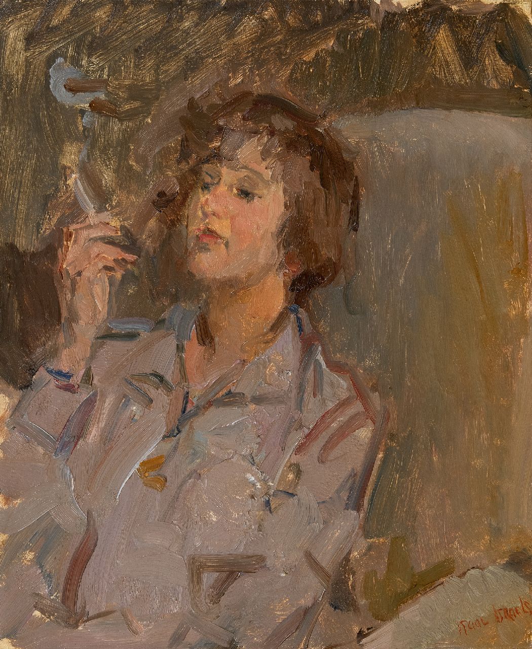 Israels I.L. | 'Isaac' Lazarus Israels | Schilderijen te koop aangeboden | Rookende dame, olieverf op doek 46,2 x 38,2 cm, gesigneerd rechtsonder Israels I.L. | 'Isaac' Lazarus Israels | Schilderijen te koop aangeboden | Rookende dame, olieverf op doek 46,2 x 38,2 cm, gesigneerd rechtsonder