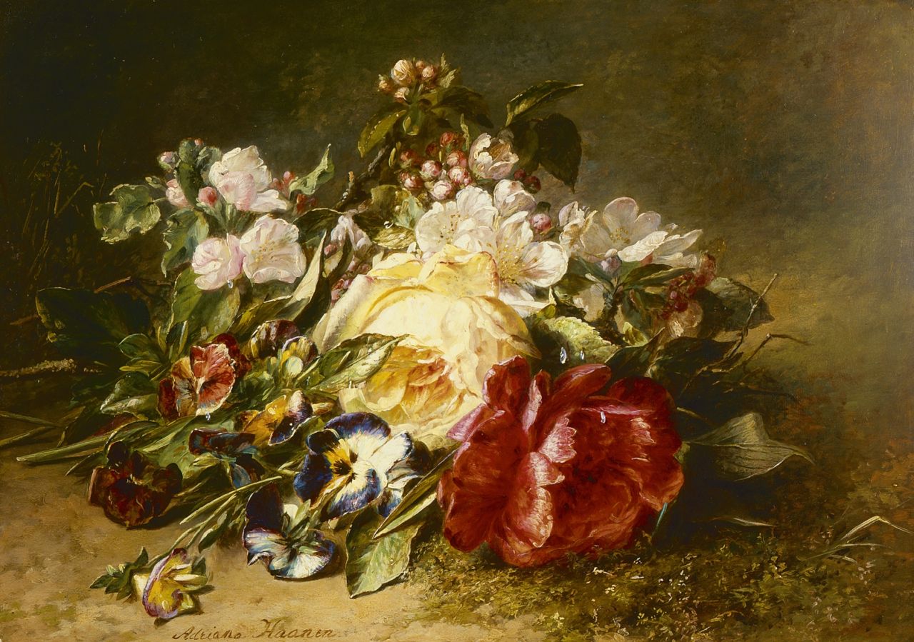 Haanen A.J. | 'Adriana' Johanna Haanen, Gemengd bloemenboeket op de bosgrond, olieverf op paneel 32,0 x 43,0 cm, gesigneerd linksonder Haanen A.J. | 'Adriana' Johanna Haanen, Gemengd bloemenboeket op de bosgrond, olieverf op paneel 32,0 x 43,0 cm, gesigneerd linksonder