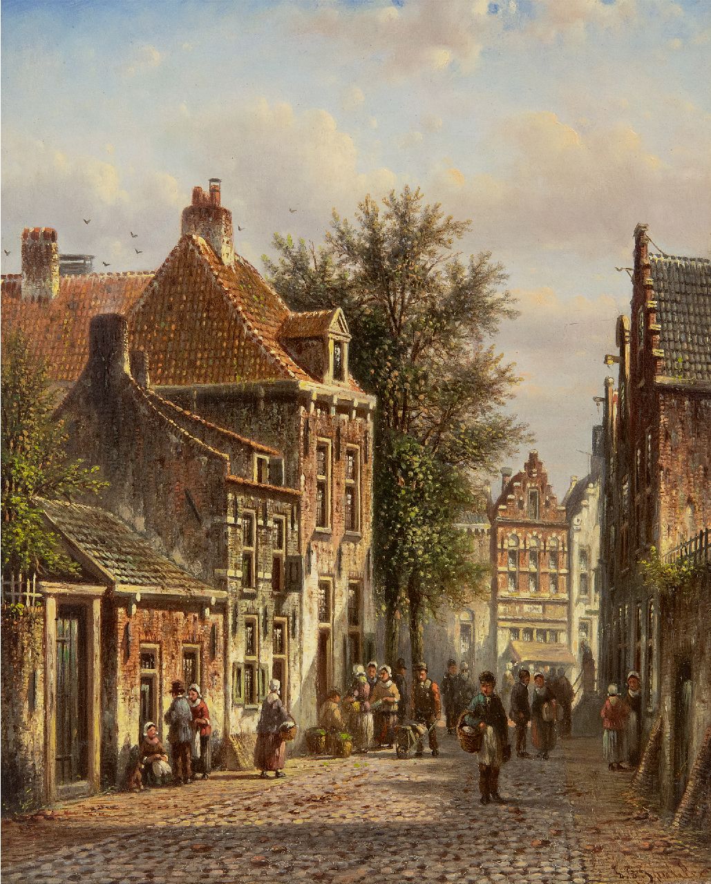 Spohler J.F.  | Johannes Franciscus Spohler | Schilderijen te koop aangeboden | Drukbevolkt Hollands straatje, olieverf op paneel 26,6 x 21,3 cm, gesigneerd rechtsonder