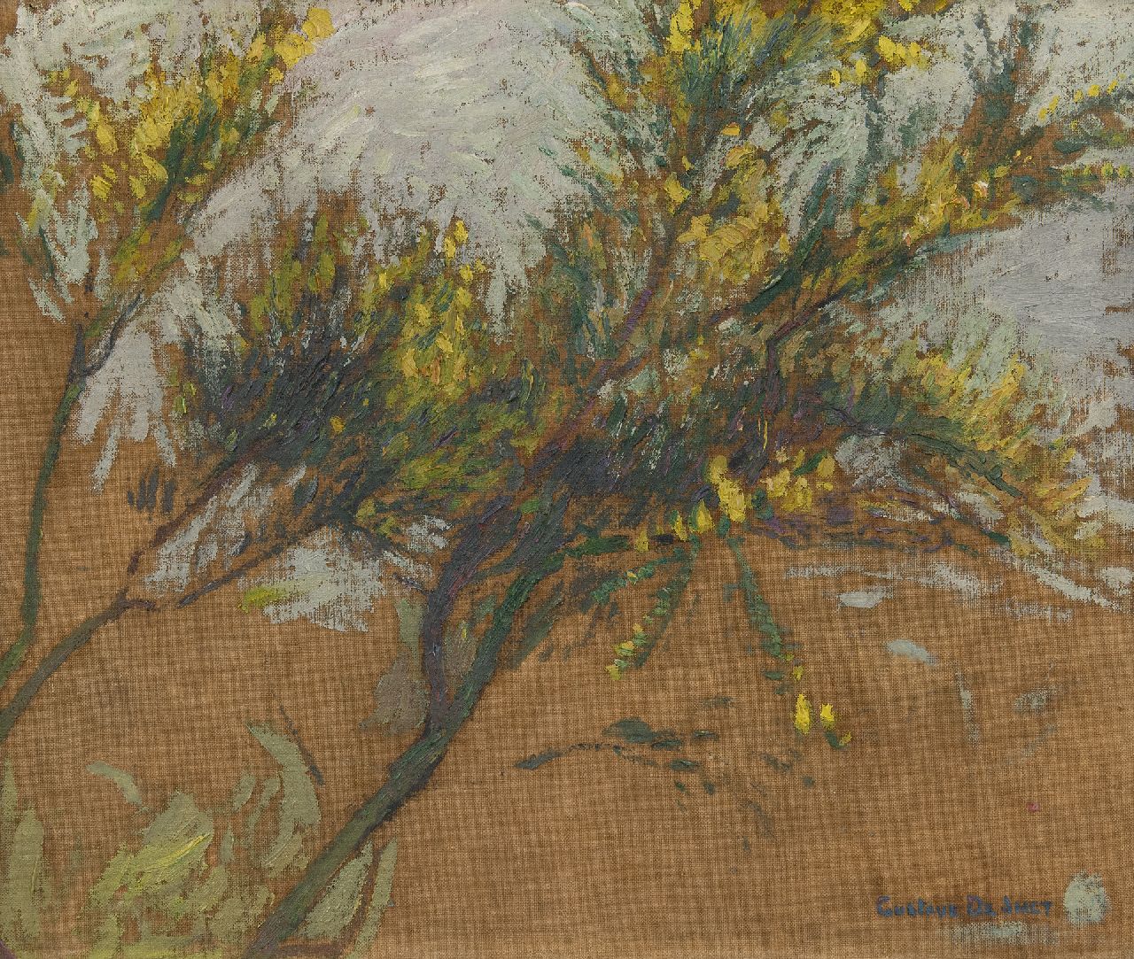 Smet G. de | Gustave de Smet, Studie van bloeiende bremtakken, olieverf op doek 33,2 x 40,0 cm, gesigneerd rechtsonder Smet G. de | Gustave de Smet, Studie van bloeiende bremtakken, olieverf op doek 33,2 x 40,0 cm, gesigneerd rechtsonder