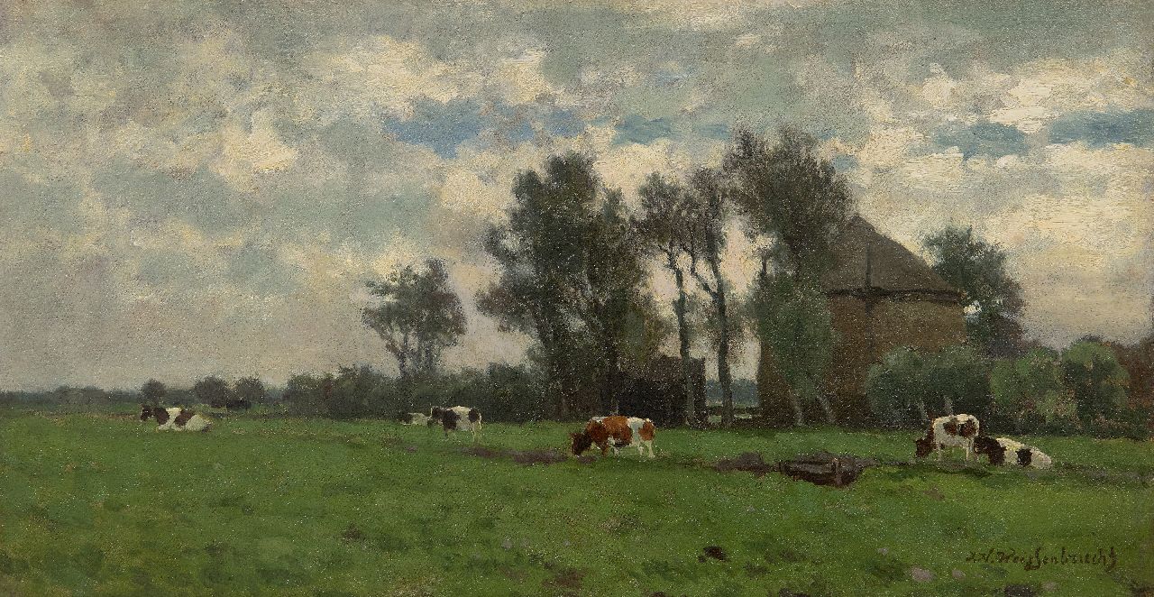 Weissenbruch H.J.  | Hendrik Johannes 'J.H.' Weissenbruch | Schilderijen te koop aangeboden | Grazende koeien bij een hooiberg, olieverf op doek 24,8 x 45,4 cm, gesigneerd rechtsonder